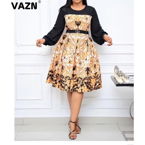 VAZN 2020 Autumn Hot Plus SIze High-end Chiffon Retro Mature Daily Full Sleeve Women High Waist Ball Gown Midi Dress