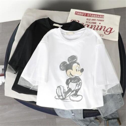 Disney Mickey Mouse T-Shirt Women Mesh Summer Regular t Shirt O-Neck White Top Tee Shirt Lady Loose Short Sleeve Bottoming Femme