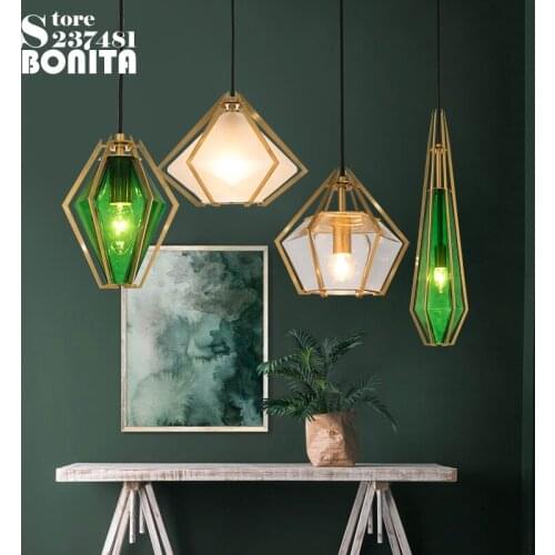 Diamond glass geometric pendant lights dinning room White green glass modern pendant lamp led Rhombus crystal droplight iron