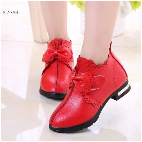 Girls leather shoes 2019 autumn new childrens single shoes Korean Girls Princess hollow carved bow casual England leather shoes