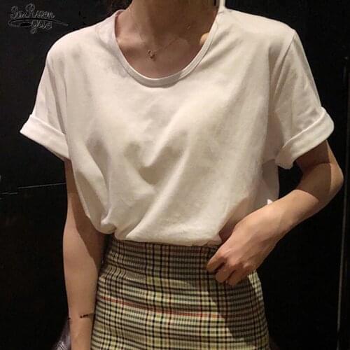 Summer 2021 Plus Size Womens T-Shirt New Solid Short Sleeve O-Neck Casual Tshirt Loose Base White Tee Tops Cotton TShirts 13455