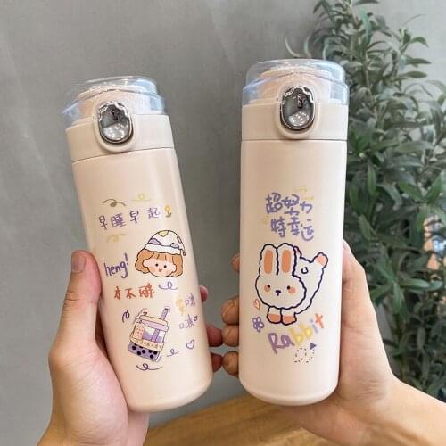 Cute Cartoon Thermos Water Bottle Stainless Steel Bullet Cover Vacuum Flask For Coffee Directly Drinking Insulated Cup