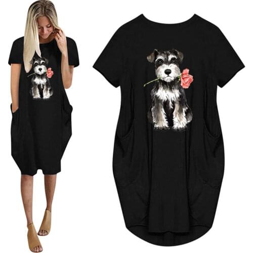 Cute Rose Mini Schnauzer Print Women Summer Short Sleeve Dress With Pocket Ladies Fashion O Neck Tops Female T Shirt Dress
