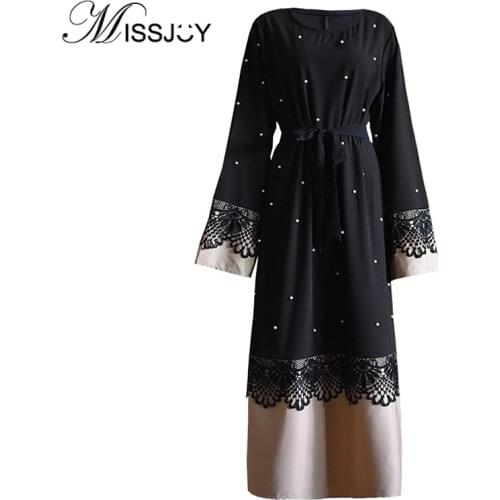 MISSJOY Abaya Muslim Plus size Islamic Clothing 2020 Women Long Sleeve Pearl Lace Patchwork Black Casual Kaftan Dubai Long Dress