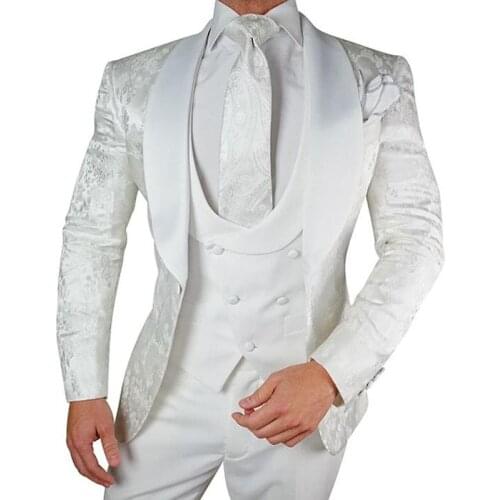 Custom Made Men Suits White Pattern Groom Tuxedos Shawl Lapel Groomsmen 3 Pieces Wedding ( Jacket + Pants + Vest + Tie ) D297