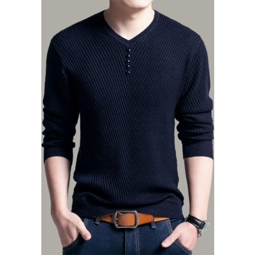 Autumn Mens Knit Pullover Button Decoration Solid V neck Long Sleeve Thin Sweater Fashionable Male Casual Clothing for Spring