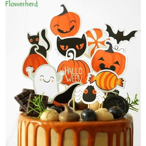 12-piece Set Halloween Card Insertion Orange Pumpkin Cake Insert Cupcake Decoration Cartoon Cupcake Baking Cake Decorating Tools