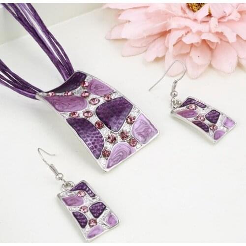 Ethnic Crystal Wedding Jewelry Sets Unique 4 Colors Geometric Beach Stone Enamel Pendant Necklace Dangle Earrings Set for Women