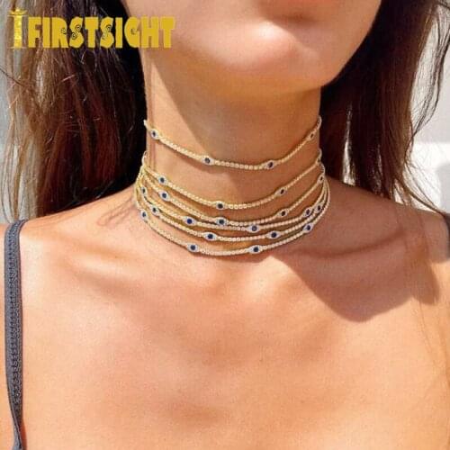 New Luxury Fashion Lucky Turkish Evil Eye Charm Dainty Choker Collarbone Adorable Women Girl Tennis Chain Cz Station Necklace