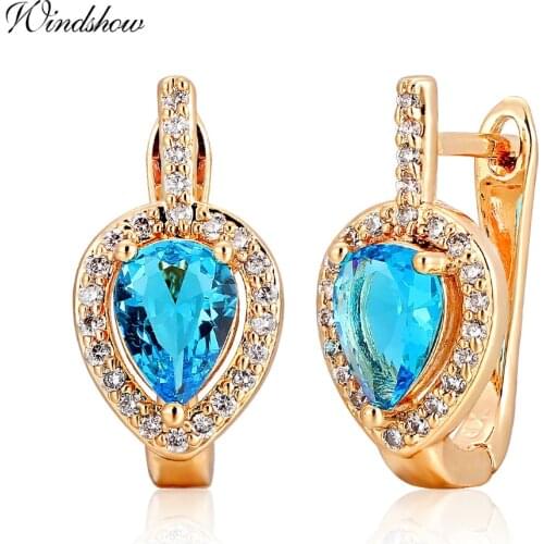 New Design Pear Light Blue Crystal CZ Zircon Around Teardrop Huggies Small Hoop Earrings for Women Gold Color Jewellery Aros