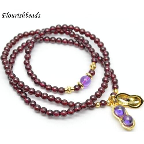 Cute Metal Peanut Charm Natural Garnet Stone Round Beads Multi Rows Wrapped Stretch Bracelets Fashion Woman Party Jewelry