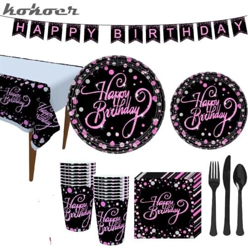 New hot Black Pink Gold Disposable Tableware Plates Tablecloth Cups Fork Disposable Party Tableware 30th Birthday Party Supplies