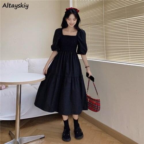Dresses Women Summer Square Collar Female Pure Color Puff Sleeve Korean Style All-match Mujer Stylish Hipster Streetwear Popular