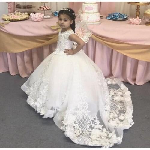 Puffy Tulle Flower Girl Dress 3D Floral Appliques Lace Sweep Train Custom Made Girls Pageant Gowns Vestidos