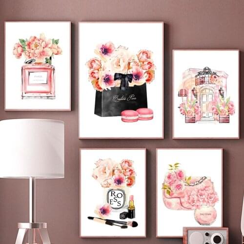 Pink Peony Fashion Handbag Perfume Girl Nordic Posters And Prints Wall Art Canvas Painting Wall Pictures For Living Room Decor