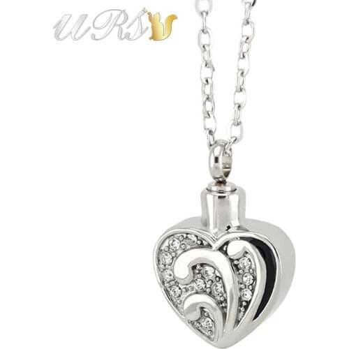 Silver color 316L stainless steel stereo heart urn cremation jewelry necklace pendant perfume locket with o-shaped chain