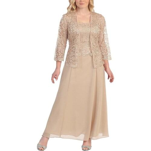 Champange Mother Of The Bride Dresses A-line Floor Length Chiffon Lace With Jacket Long Groom Mother Dresses For Weddings