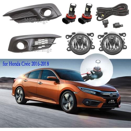 LED Fog Lights for Honda Civic 2016-2018 10th generation Fog Light Halogen Grilles Grill Cover Frame Wiring Harness Switch Kit