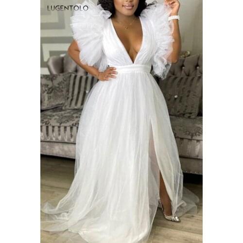 Party Sexy Ress Women Large Size Sleeveless Mesh Gauze Dresses Female Casual Big Swing Solid Split Fork Long Dress Lugentolo
