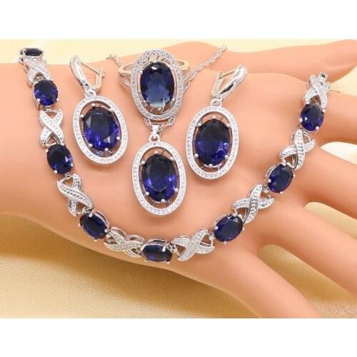 Xutaayi Blue Semi-precious 925 Sterling Silver Jewelry Set for Women with Bracelet Earrings Necklace Pendant Ring Birthday Gift