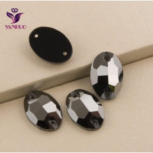 YANRUO 3210 Oval Jet Hematite Sew on Rhinestones Flatback Sewn Stones Crystal For Dress Garment DIY