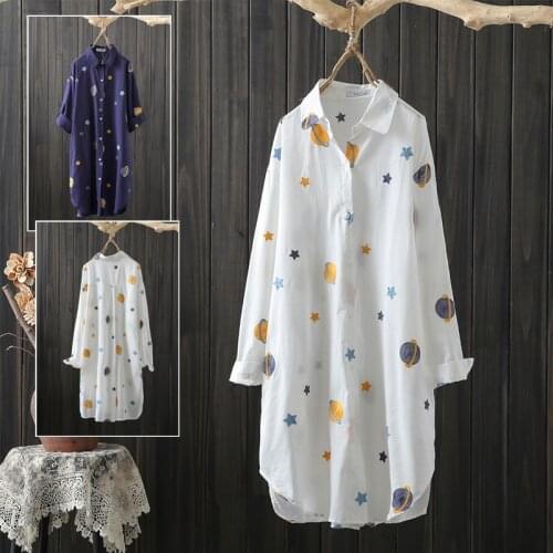 Cotton 100% Loose Oversized Women Long Shirts Vintage Turn-Down Collar Straight Printed Female Outwear Coats Tops