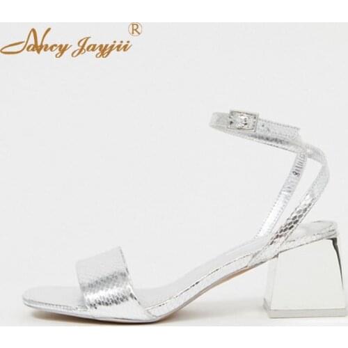 Female Shoes Woman Ladies Sandals Solid Silvery Ankle-Wrap Buckle High Square heels Basic Mature Fashion Elegant 2019