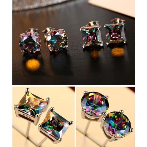 Female Small Rainbow Stone Earrings Crystal Silver Color Wedding Double Earrings Colorful Round Sqaure Stud Earrings For Women