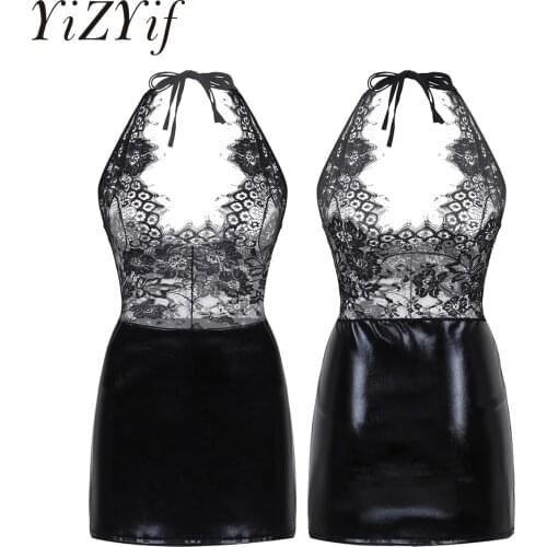 Womens Backless Latex Dress Erotic Lingerie Sissy Dress Straps Crossdresser See Through Lace Transparent Dress Sexy Clubwear