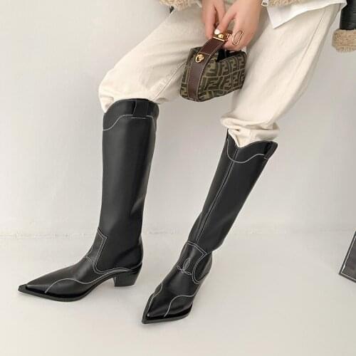 QZYERAI Real Leather High Heel Western Boots Women Long Boots Shoes Pointed Toe Motorcycle boots Knee High Boots Autumn Winter