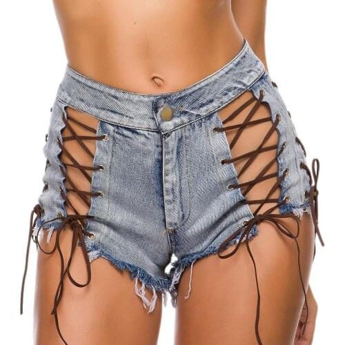 Women Sexy Denim Shorts Jeans Bandage Ripped Hollow Out Hole Lace Up High Waist Shorts Korean Club Party Summer Plus Size Shorts