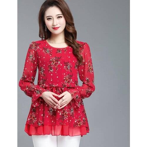 Women Spring Autumn Style Chiffon Blouses Shirts Lady Casual Long Sleeve O-Neck Patchwork Blusas Tops DD8926