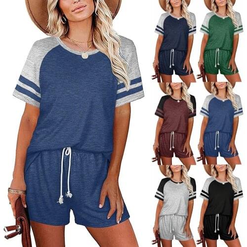 2 Pieces Set Women new summer 2021 bump color stripe fashion leisure sports short sleeve shorts two suits Sports Set MDF8603