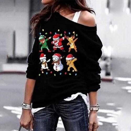 Women Christmas Sweatshirt Christmas Gnome Print Long Sleeve Off Shoulder Sweatshirt Off Shoulder Pullover Shirt(S/M/L/XL/2XL)