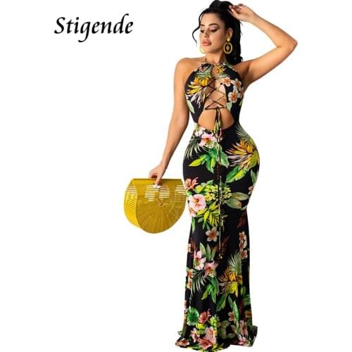 Stigende Sexy Hollow Out Floral Print Long Dress Women Bohemian Bandage Maxi Dress Halter Neck Backless Slim Sexy Sundress
