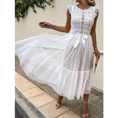 Women Elegant Patchwork Print Party Dress Turtleneck Casual Mesh Crochet Lace Long Dress Ladies Sexy Sleeveless Dresses Vestido