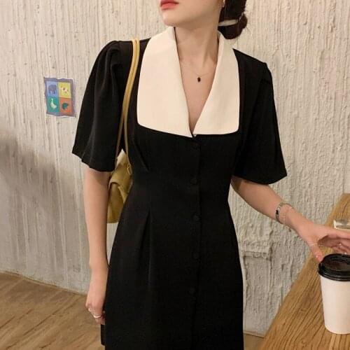 One-Piece Korean Dress Summer 2021 New Chic Vintage French Lapel Elegant Contrast Single-Breasted Waist Niche Short Dress Female