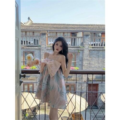 Sannian Summer Sweet Dress Women 2021 New Bowknot Suspender Skirt Loose And Fluffy Princess A-line Short Dress Women Clothes