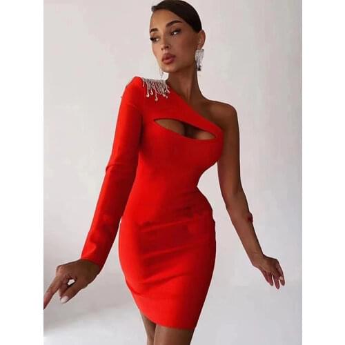 2021 Summer New Womens Diamond Tassel Mini Sexy Irregular Single-sleeved Bandage Dress Celebrity Evening Runway Party Dresses
