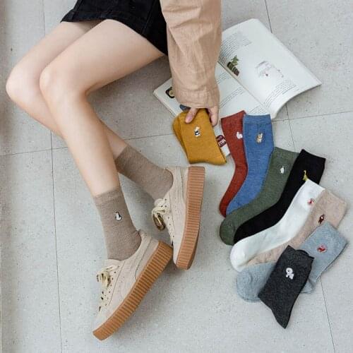 2021 Cartoon Pattern Female Lovely Socks Solid Color Mid Tube Stockings Cute Animal Embroidery Cotton Socks For Women Gifts