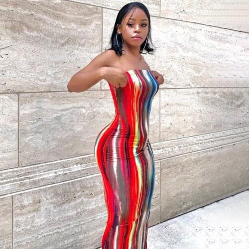 Adogirl Women Sexy Sleeveless Color Stripes Evening Party Dresses Slim Elastics Off Shoulder Backless Streetwear Dress Vestidos