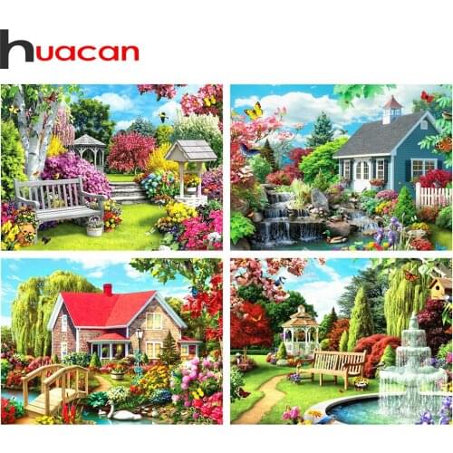 Huacan 5D Diamond Painting Rhinestones House Garden Diamond Mosaic Embroidery Landscape Needlework Handicraft Home Decor