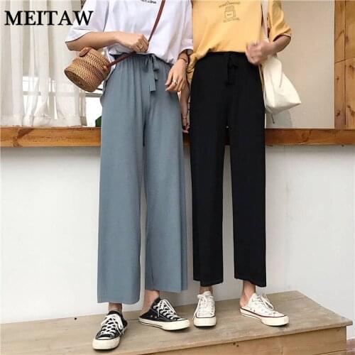 Women Summer Thin Trousers Wide Leg Pants 2020 Casual Solid High Waist Loose Pants Korean Elastic Waist Straight Trousers