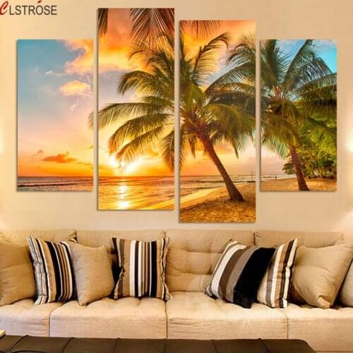 CLSTROSE 4 Piece Sunset Seascape Coco Beach Modern Home Wall Art HD Picture Canvas Print Painting For Living Room Decor Unframed