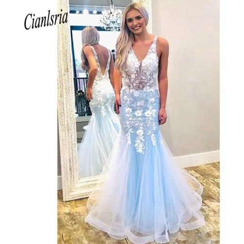 Sky Blue V-Neck Backless Illusion Long Mermaid Evening Dresses With Handmade Flowers Appliques Lace Formal Evening Party Dress