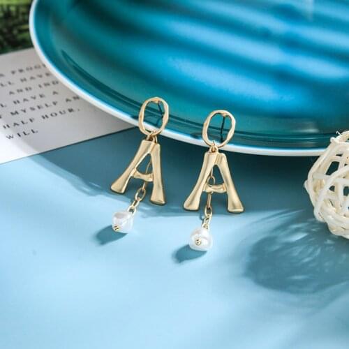 Ins Style Gold Color Alphabet letter A Shaped Dangle Imitation Pearl Hypoallergenic Link Chain Drop Earrings For Women 2020 New