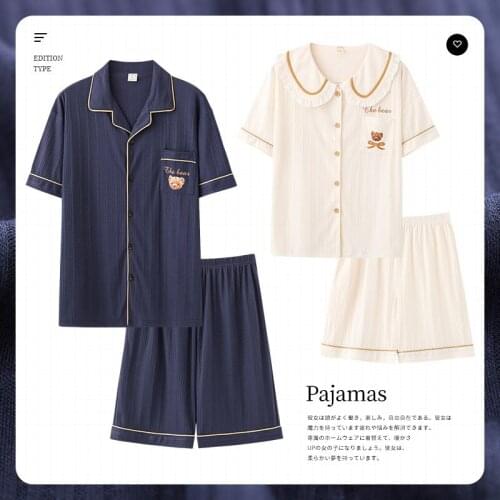 Summer Couple Pajamas Set Sleep Tops Short for Women Man Cotton pijama suit pijamas de verano mujer pijama hombre pyjama Freeshi