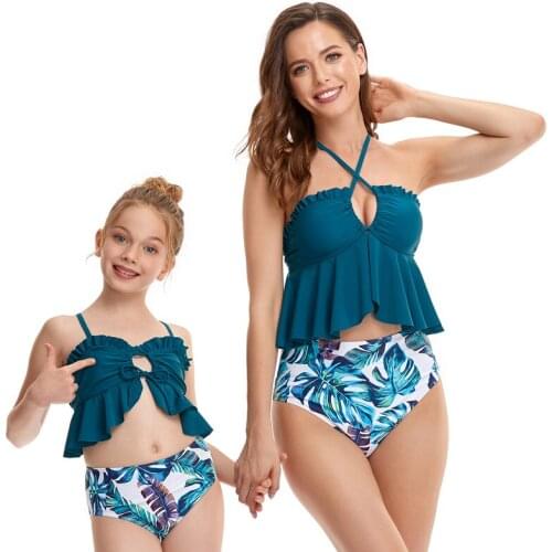 Mom And Daughter Swimsuit Sling Hanging Neck Style Lotus Leaf Lace Cross Sexy And Cute Design Womens Swimsuit 2021 Bikini