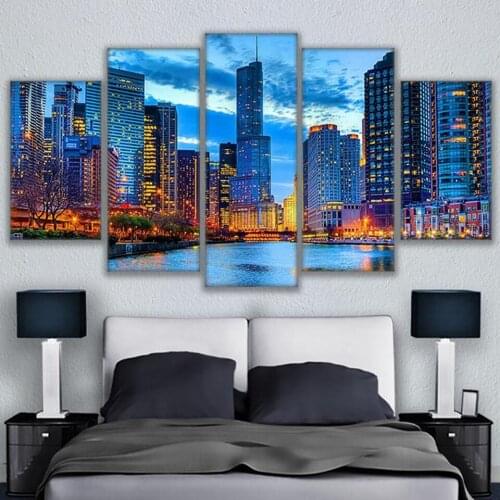 Full drill square round diamond painting mosaic Chicago City Night View diamond rhinestone diamond embroidery cross stitch 5 pcs