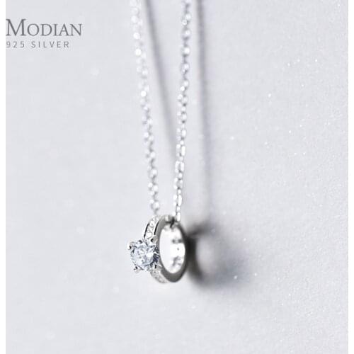 Modian Classic Sparling AAA Zircon Round Sterling Silver 925 Pendant Necklace for Women Fashion Link Chain Necklace Fine Jewelry